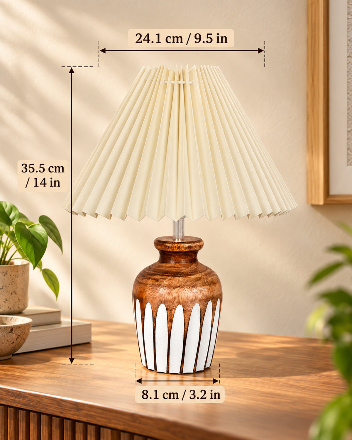 Small Cute Bedside Lamp with Linen Beige Lampshade, Nightstand Lamp for Nursery, Bedroom, Kid Room, Living Room, Light Brown Wooden Base, E27, Ribbed Urn, Pleated Jute