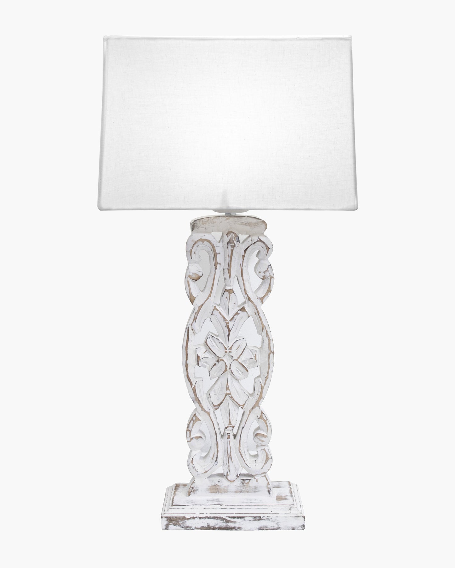 Sculptural Hand Carved Wood Table Lamp with Khadi Square shade, Whitewash
