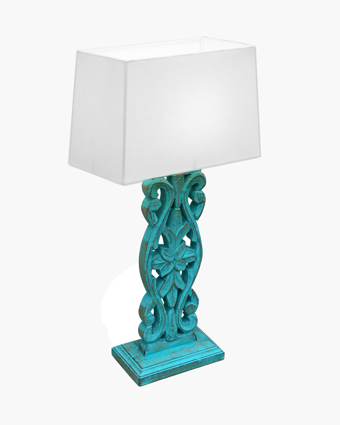 Sculptural Hand Carved Wood Table Lamp with Khadi Square shade