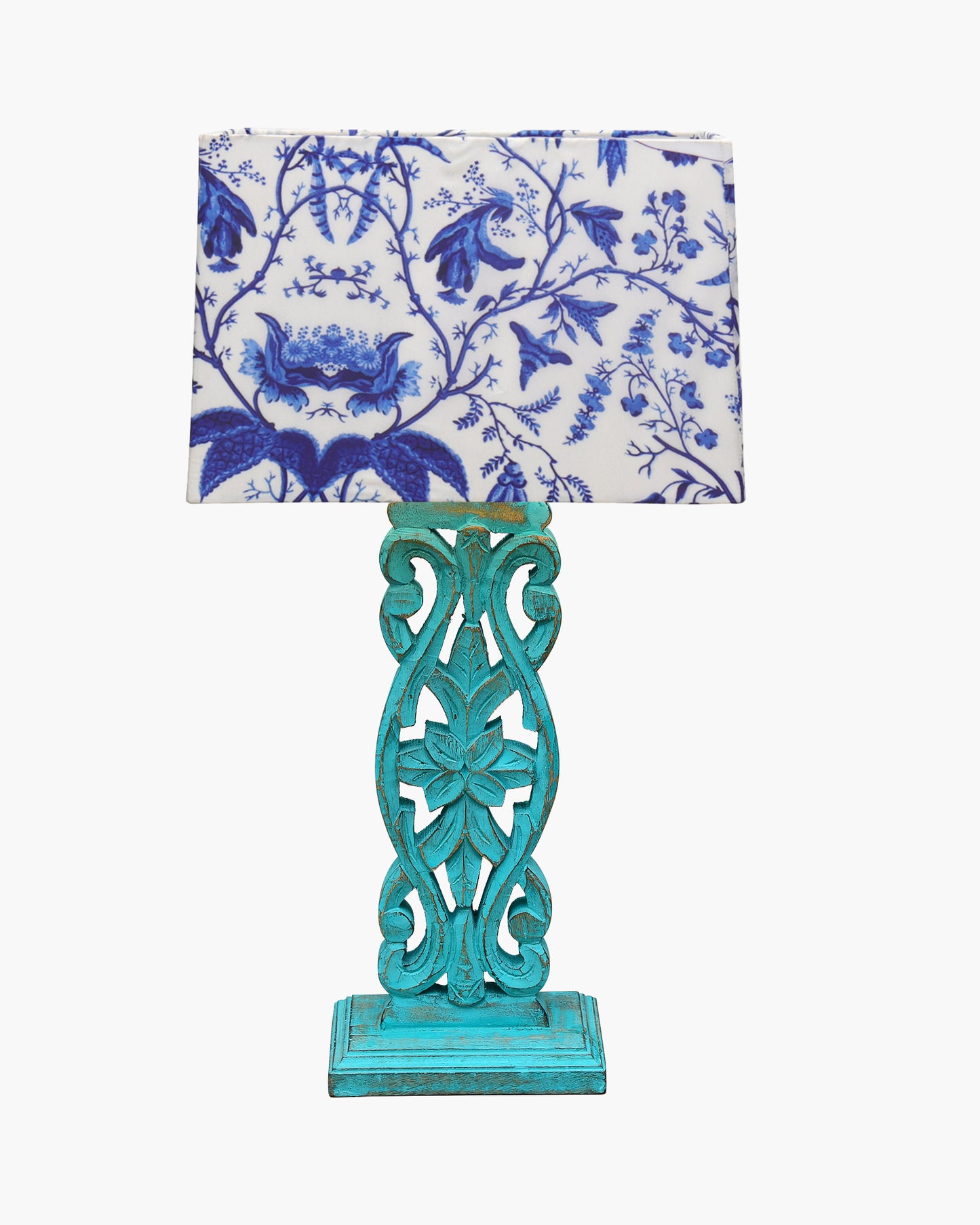 Sculptural Hand Carved Wood Table Lamp with Blue Birds shade, Mint Green.