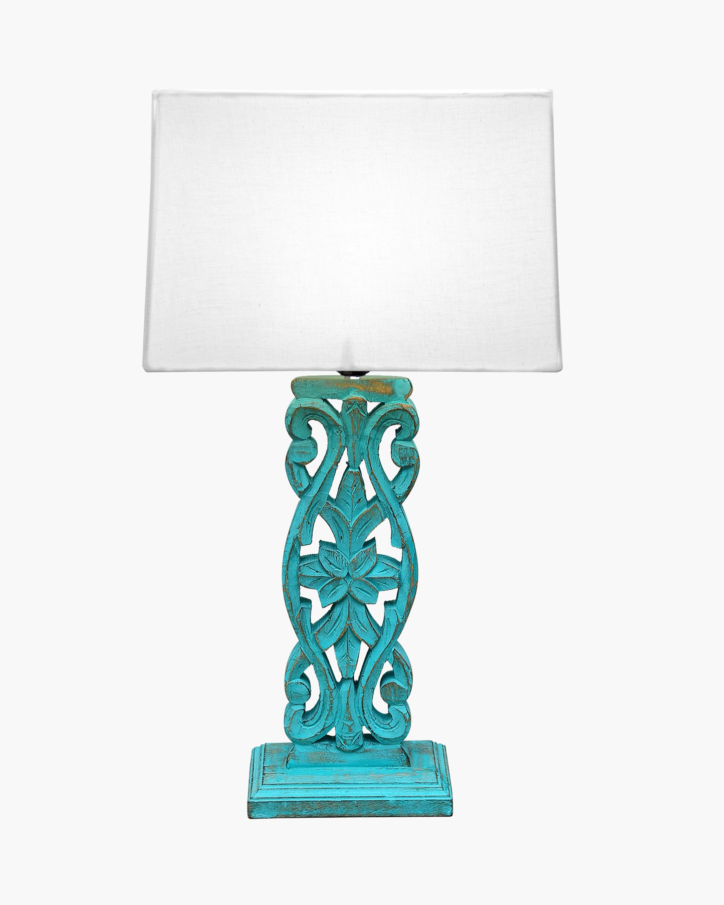 Sculptural Hand Carved Wood Table Lamp with Khadi Square shade