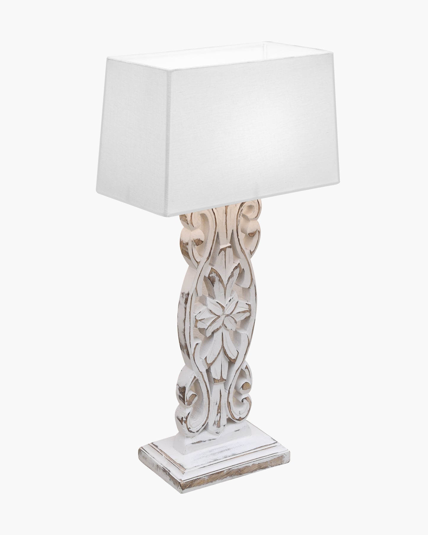 Sculptural Hand Carved Wood Table Lamp with Khadi Square shade, Whitewash