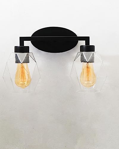 2-Light Wall Sconce Vanity Lighting Bathroom Lamp in Black with Hexa Glass Shades Wall Mounted Light Fixtures for Bedroom Stairs and Kitchen