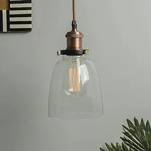 Pendant Light with Bell Glass Shade, Metal Base Cap and Adjustable Textile Cord, Industrial Style Retro Hanging Lamps for Dining Living Room