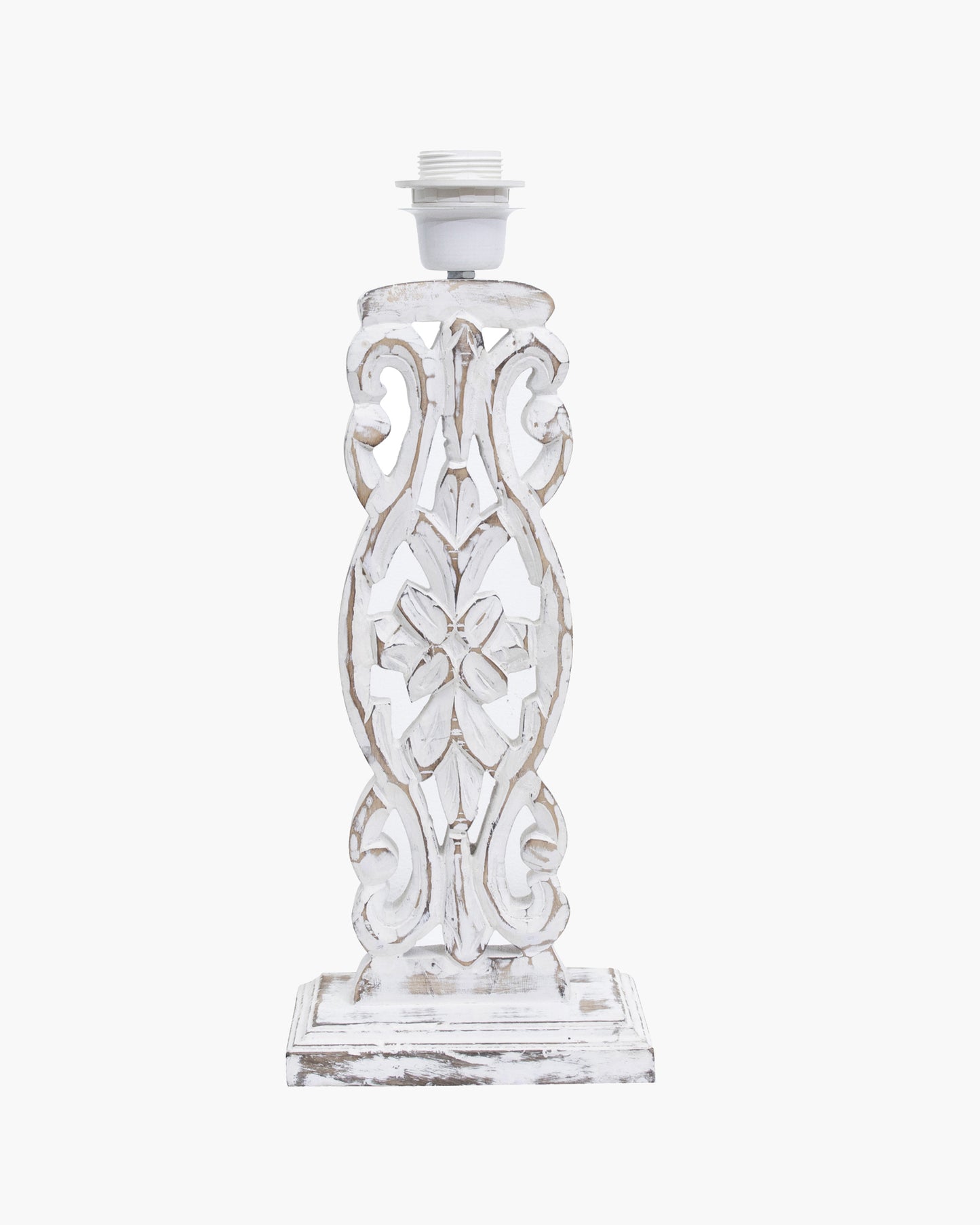 Sculptural Hand Carved Wood Table Lamp with Khadi Square shade, Whitewash