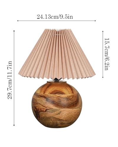 Round Wood Rustic Table Lamp for Bedroom, Living Room, Dining Room, Accent Table, Coffee Table, Nordic Fabric Shade, Pleated Jute