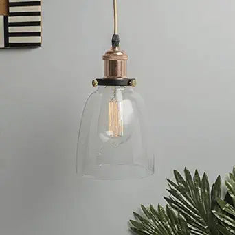 Pendant Light with Bell Glass Shade, Metal Base Cap and Adjustable Textile Cord, Industrial Style Retro Hanging Lamps for Dining Living Room