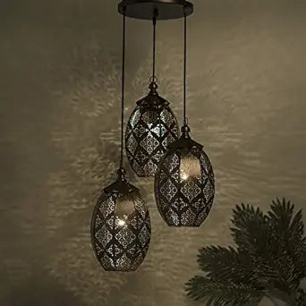 3-Lights Round Cluster Chandelier Ceiling Antique Finish Oval Moroccan Hanging Pendant Light with Braided Cord, URBAN Retro, Nordic Style, LED/Filament Bulb3-Lights c Style, LED/Filament Bulb