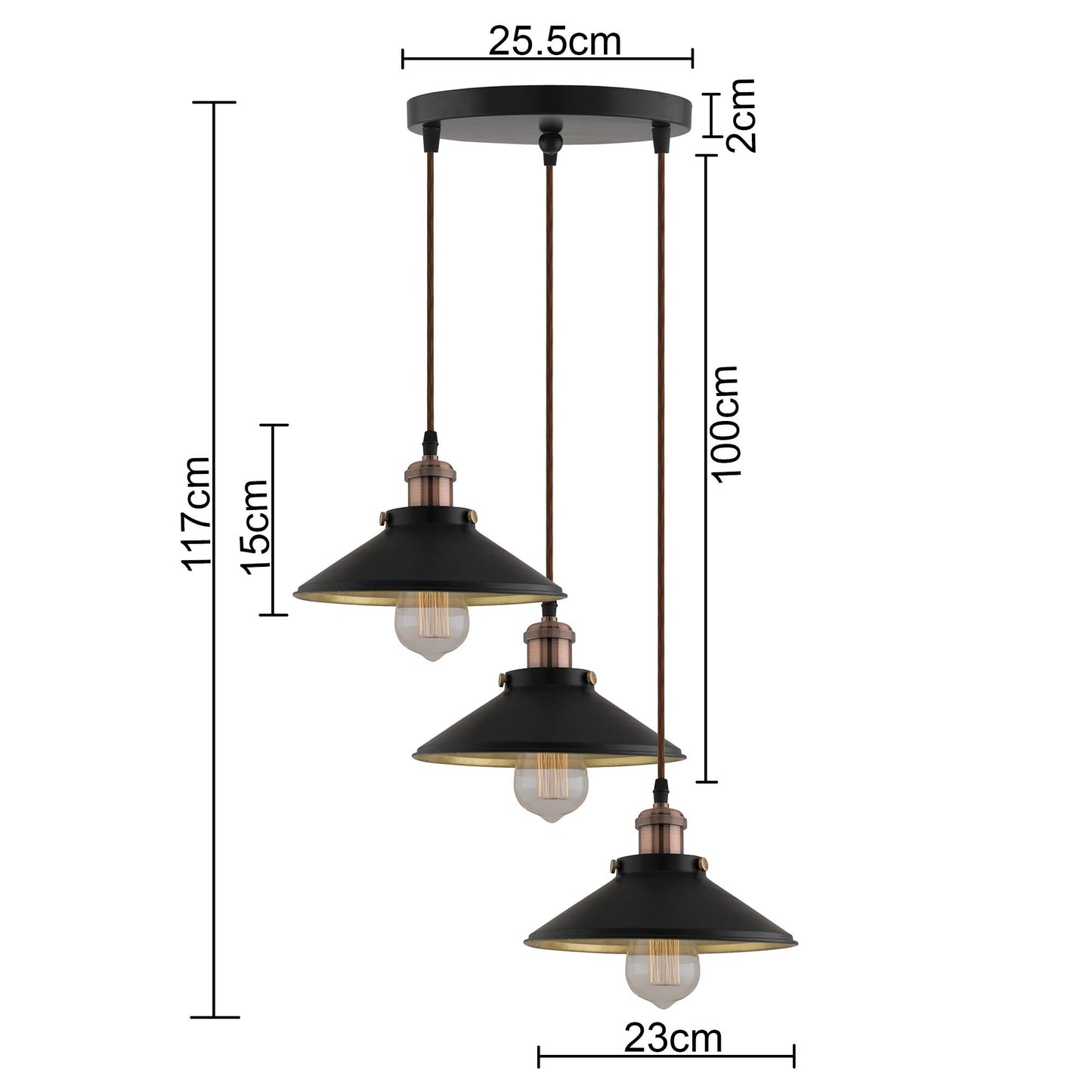 3-Lights Round Cone Shade Cluster Chandelier Hanging Light, Decorative, Black, Kitchen Area and Dining Room Light, LED/Filament Light