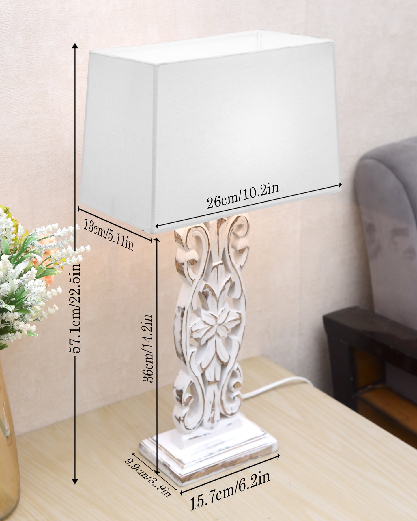 Sculptural Hand Carved Wood Table Lamp with Khadi Square shade, Whitewash