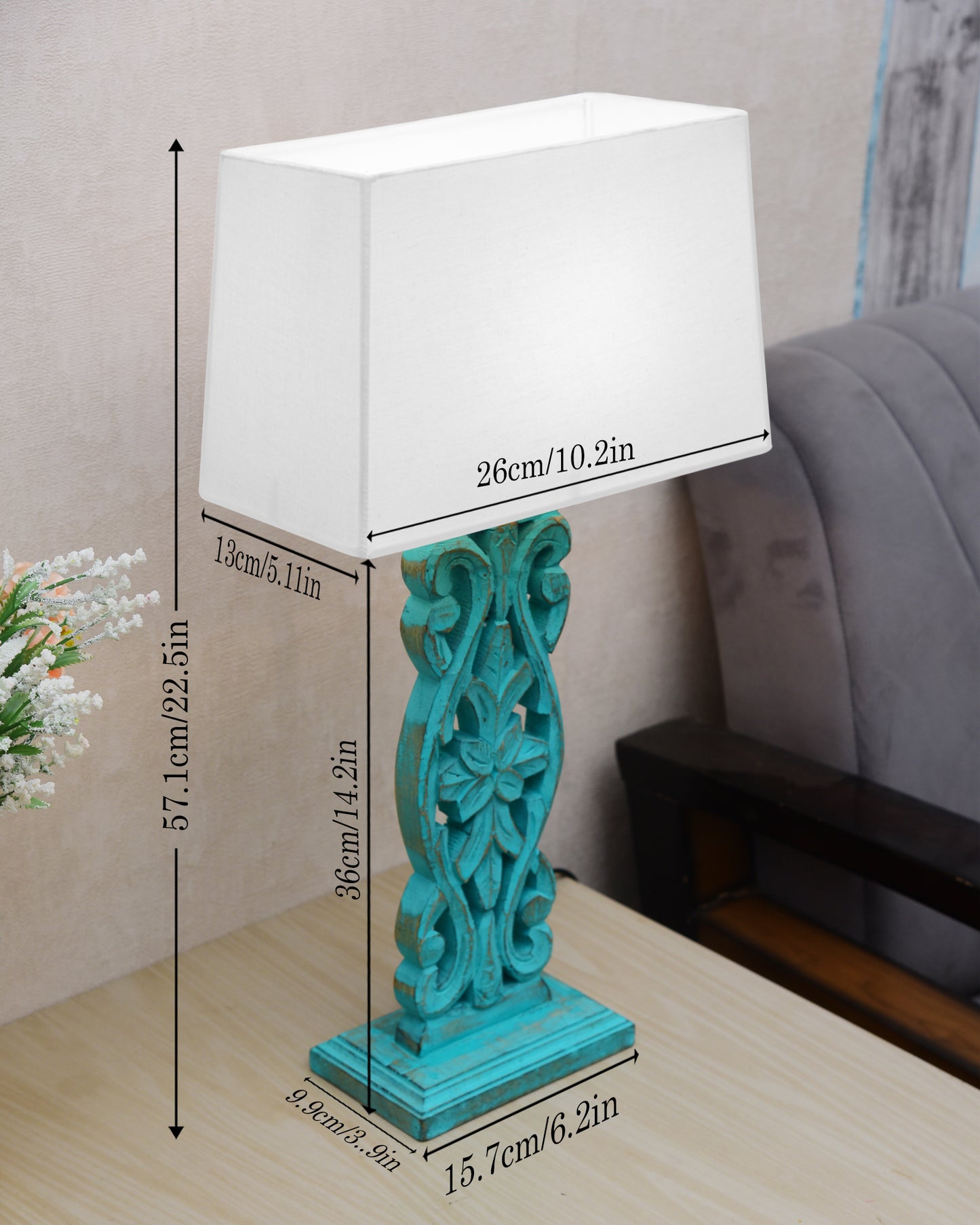 Sculptural Hand Carved Wood Table Lamp with Khadi Square shade