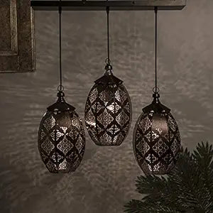 3-Lights Linear Cluster Chandelier Antique Finish Oval Moroccan Hanging Pendant Light, Kitchen Area and Dining Room Light, LED/Filament Light