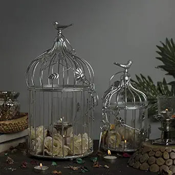 Copper Bird Cage with Floral Vine (Set of 2), with Hanging Chain