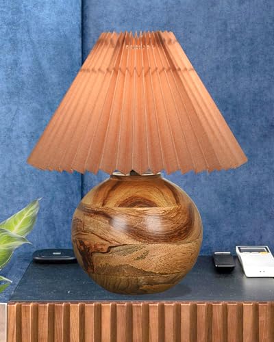 Round Wood Rustic Table Lamp for Bedroom, Living Room, Dining Room, Accent Table, Coffee Table, Nordic Fabric Shade, Pleated Jute
