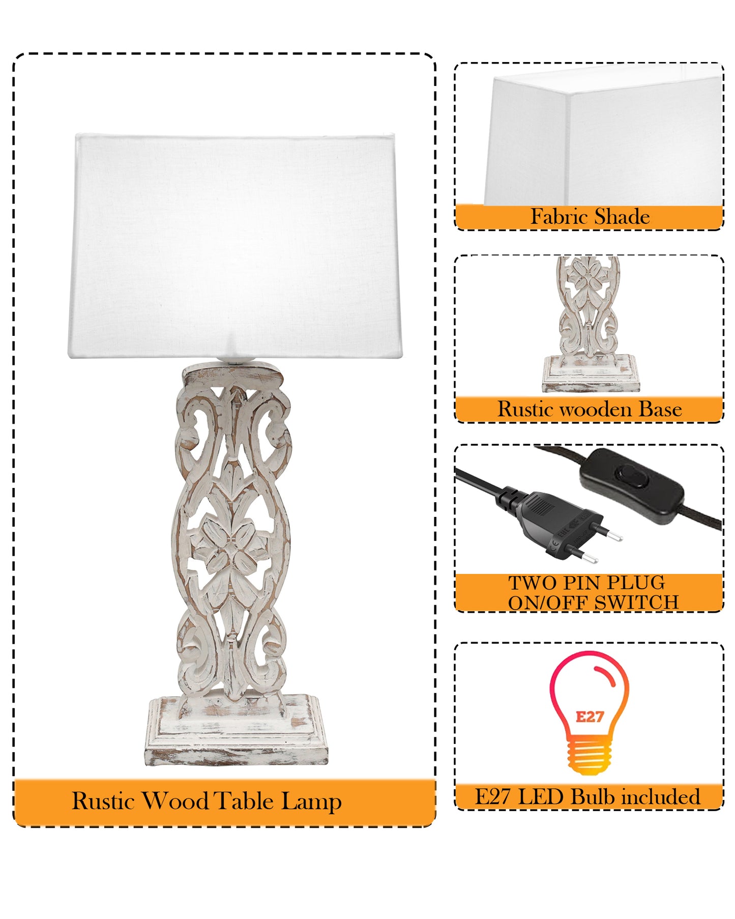 Sculptural Hand Carved Wood Table Lamp with Khadi Square shade, Whitewash