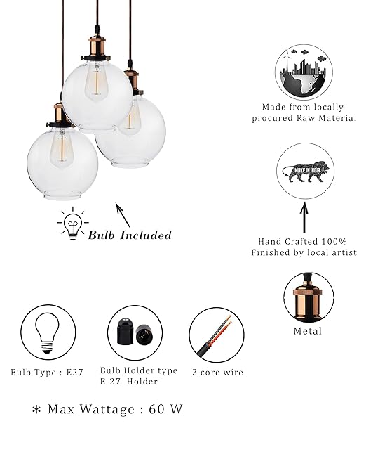 3-Lights Round Cluster Chandelier Modern Glass Globe Hanging Light, Antique Socket, E27 Holder, Kitchen Island Ceiling Light URBAN Retro