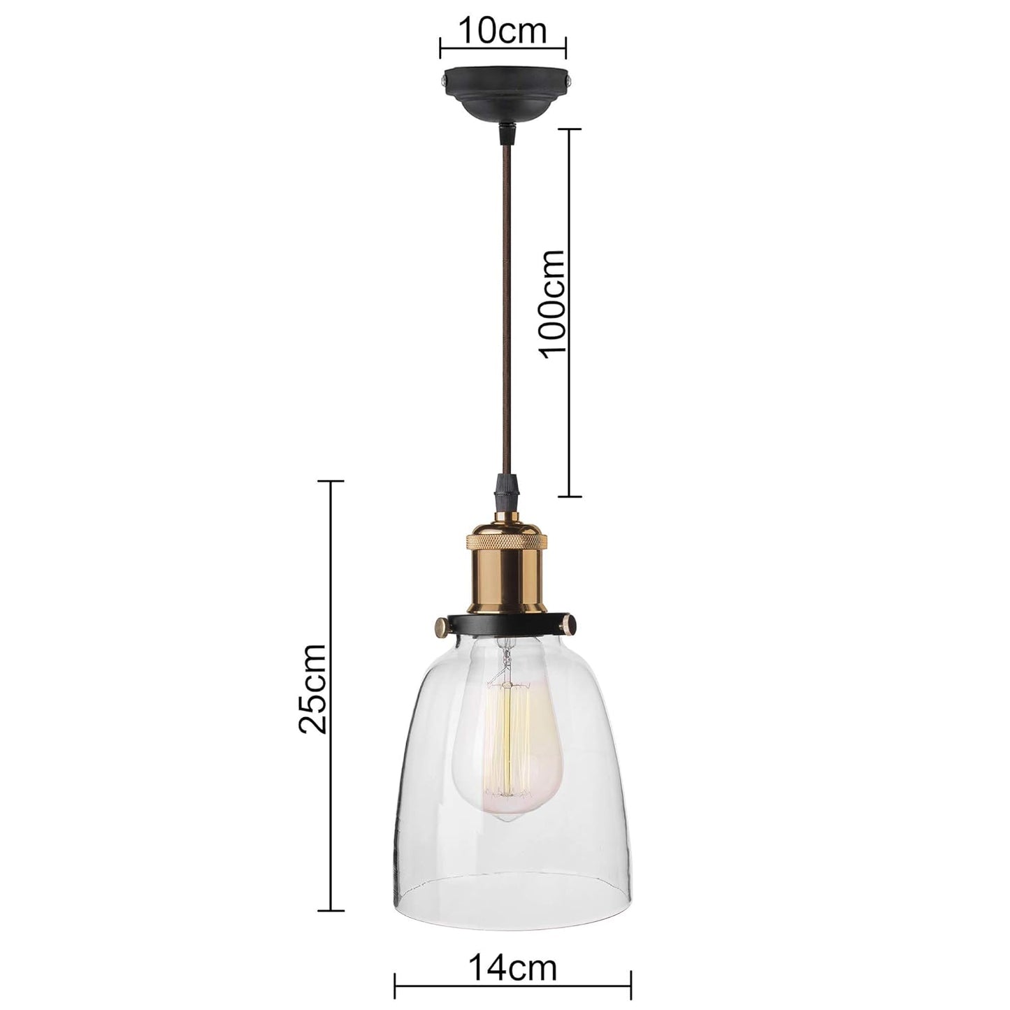 Pendant Light with Bell Glass Shade, Metal Base Cap and Adjustable Textile Cord, Industrial Style Retro Hanging Lamps for Dining Living Room