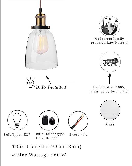 Pendant Light with Bell Glass Shade, Metal Base Cap and Adjustable Textile Cord, Industrial Style Retro Hanging Lamps for Dining Living Room