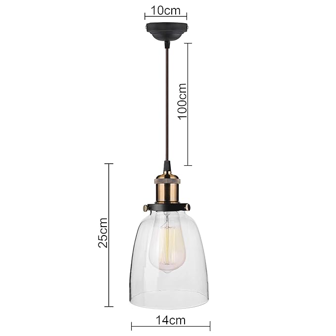 Pendant Light with Bell Glass Shade, Metal Base Cap and Adjustable Textile Cord, Industrial Style Retro Hanging Lamps for Dining Living Room