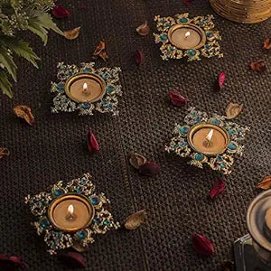 Crystal Square Tea Light Candle Holders, Flower Decorative Diya for Wedding Coffee Table,Small 4" Side