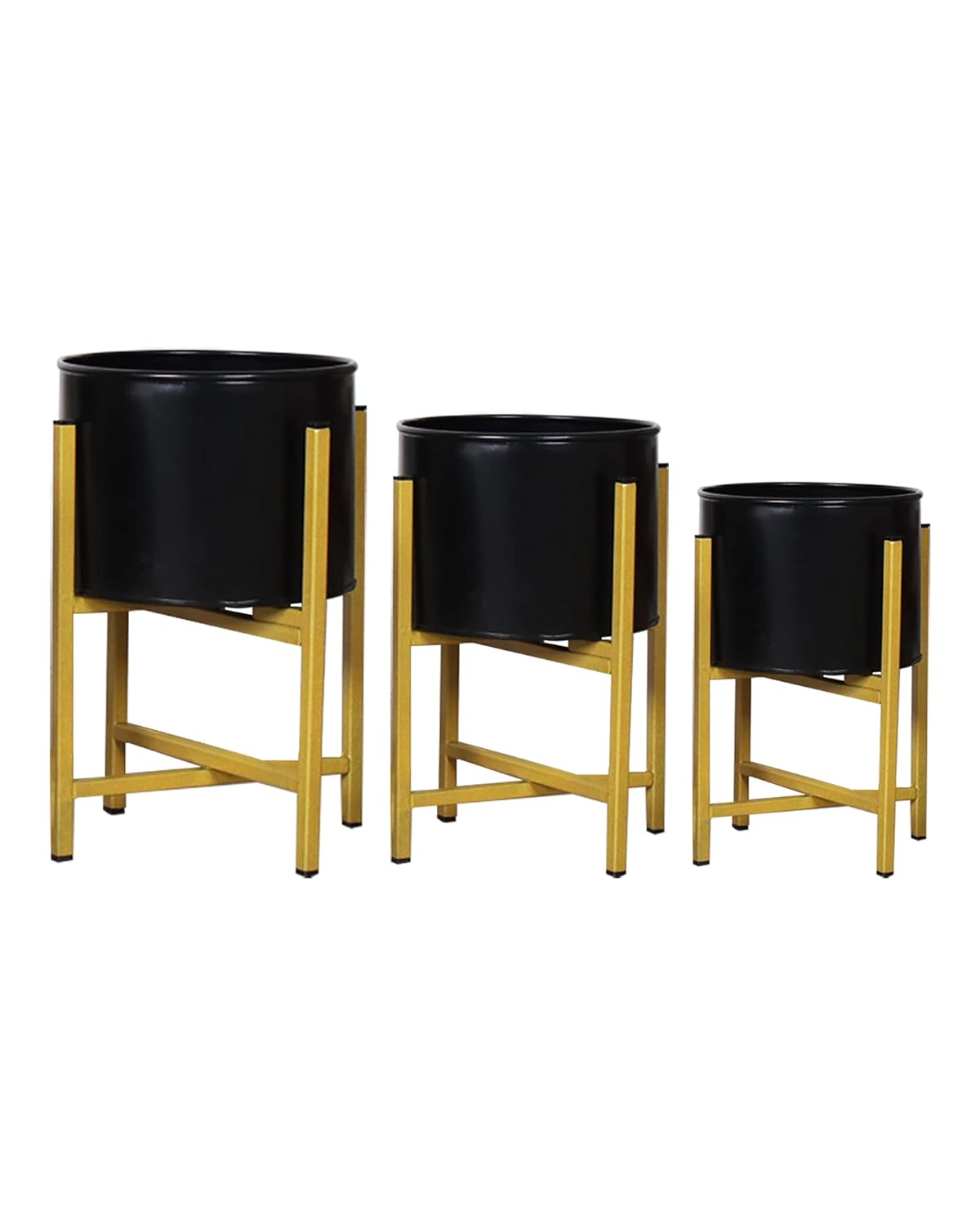 Mid Century Planters with Metal Stand (Set of 3) - Modern Decorative Plant Pot and Flower Holder with Iron Stand for Corner Display- Indoor Plant Stand for Home Decor, Golden