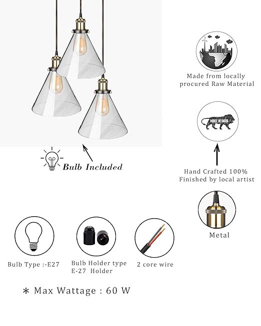 3-Lights Round Cluster Chandelier Modern Glass Cone Shaped Hanging Light, Antique Socket, E27 Holder, Decorative, Copper, URBAN Retro, Nordic Style
