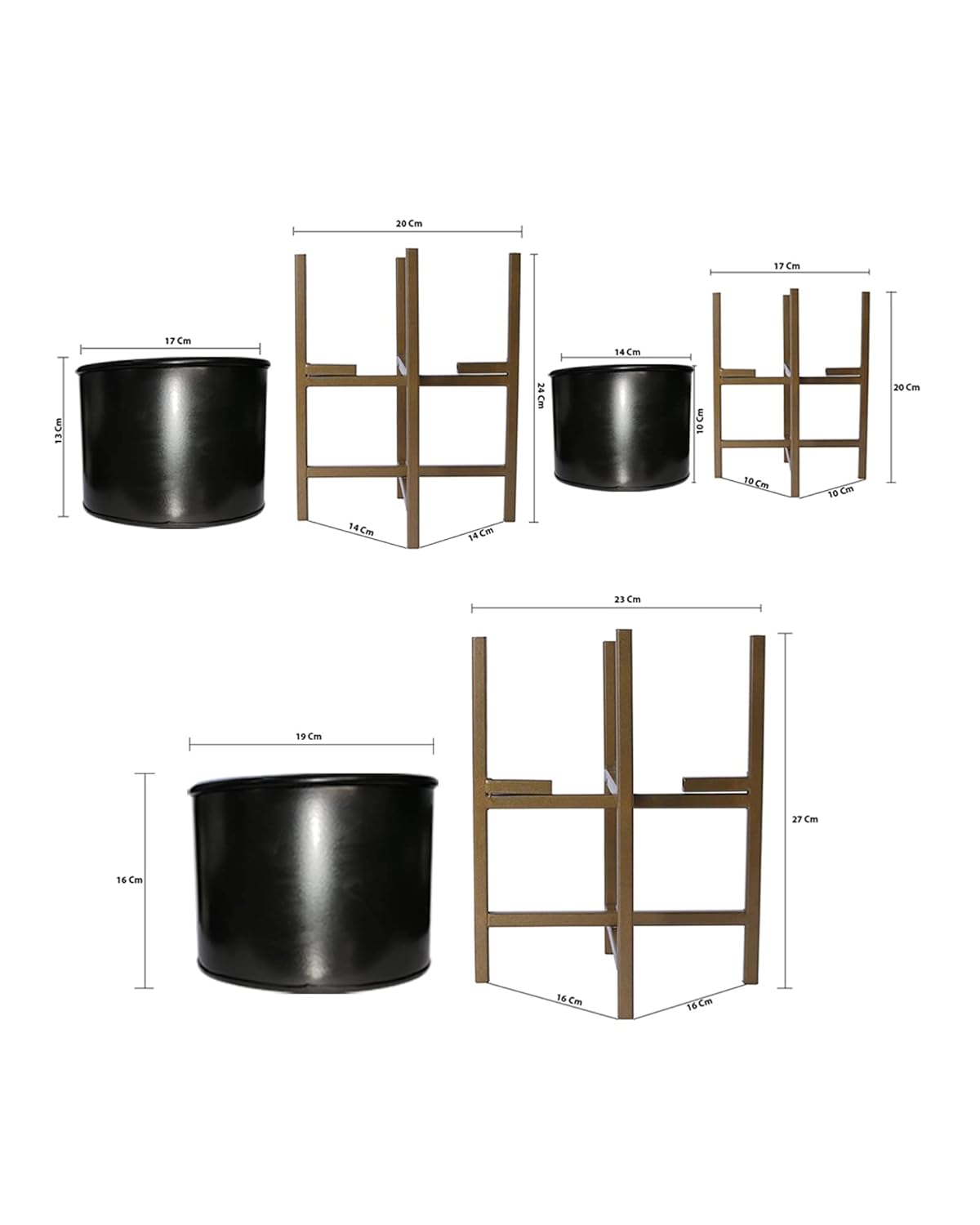 Mid Century Planters with Metal Stand (Set of 3) - Modern Decorative Plant Pot and Flower Holder with Iron Stand for Corner Display- Indoor Plant Stand for Home Decor, Golden
