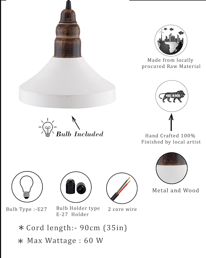 Parker Metal Wood Pendant Light, White Metal Antique Black Hanging Ceiling Light