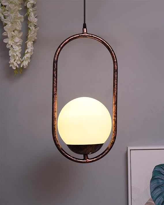Mid Century Modern Light Chandelier Lighting, White Frosted Glass Globe Lampshade Pendant Indoor Hanging Light Fixture, Rubbed Bronze Oval