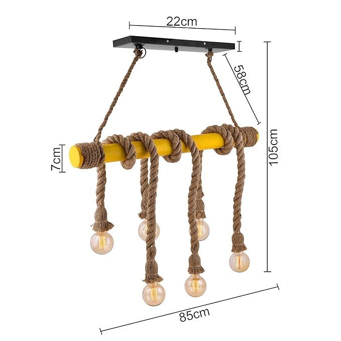Hemp Rope Chandelier Industrial Vintage Pendant Light Bamboo Ceiling Hanging Lamp with 6 E27 Socket for Bar Cafe Restaurant Dining Table Home Decoration