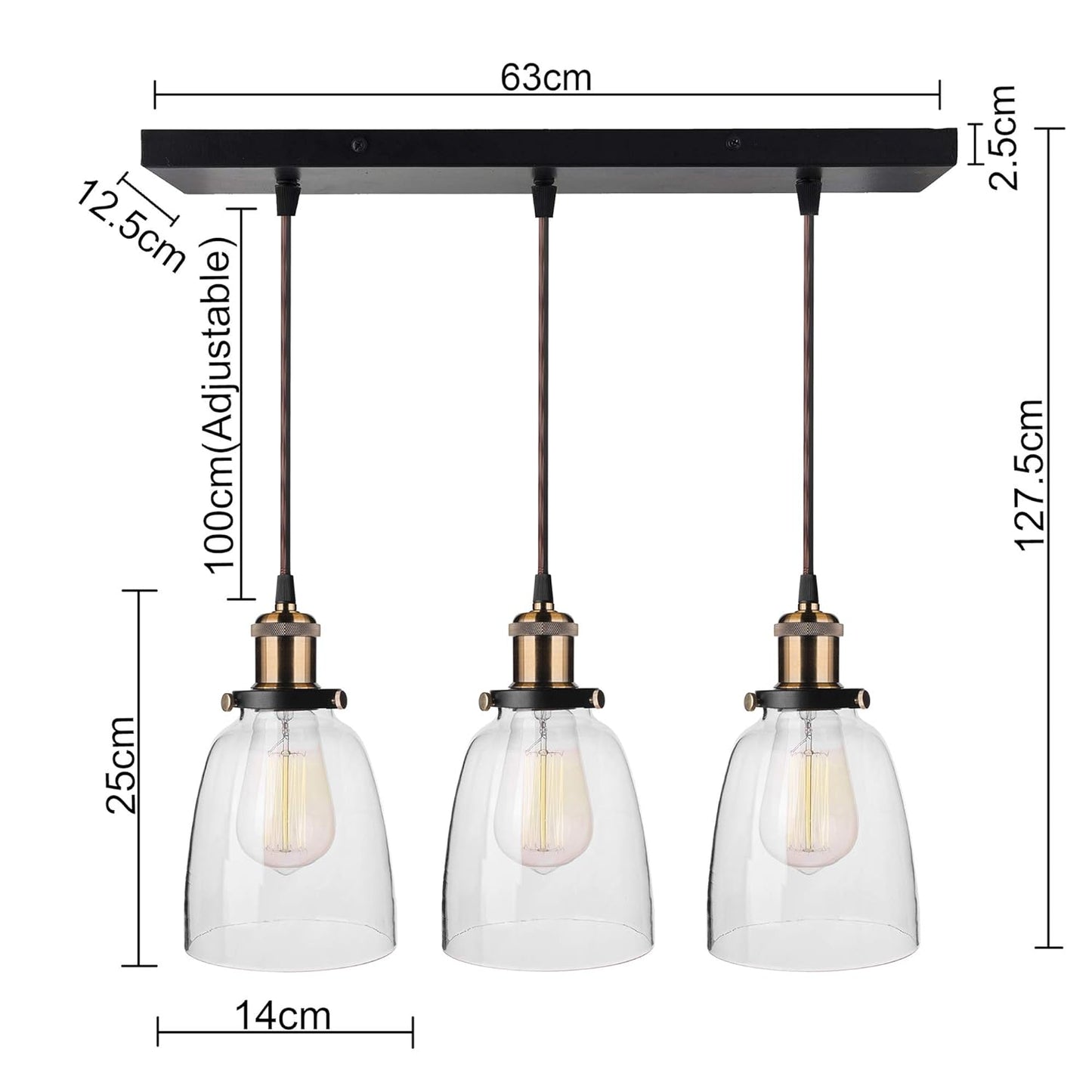 3-Lights Linear Cluster Chandelier Modern Bell Glass Shade Hanging Light, Antique Socket, E27 Holder, Decorative, Black, URBAN Retro, Nordic Style