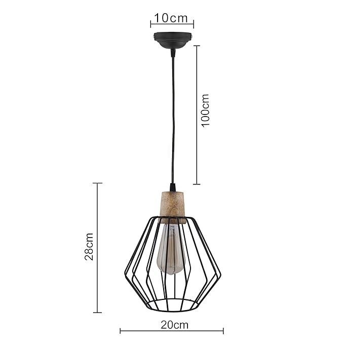 Industrial Loft Black Metal Cubist Cage Wood Art Pendant, Hanging Ceiling Lights, Edison Vintage light