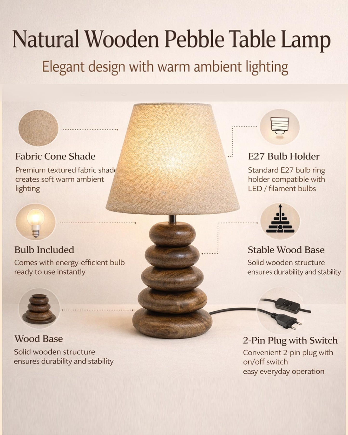 Wood Table Lamp French Country Rustic Bedside Desk Nightstand Lamp for Bedroom Living Room Office LED Bulb Included, Walnut Multi-Pebble