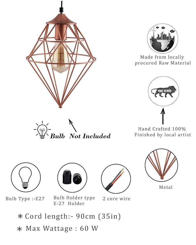 Copper Vintage Edison Filament Hanging Classic Gem , Rose Gold, E27 Hanging Ceiling Light for LED/Filament Bulb, Decorative Urban Retro Lighting