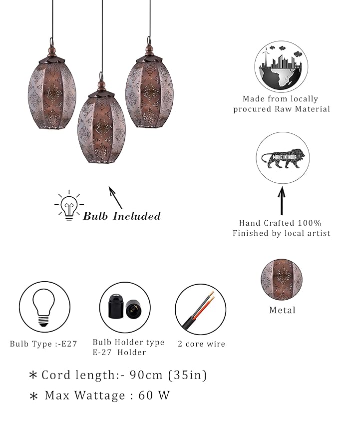 3-Lights Linear Cluster Chandelier Antique Finish Oval Moroccan Hanging Pendant Light, Kitchen Area and Dining Room Light, LED/Filament Light
