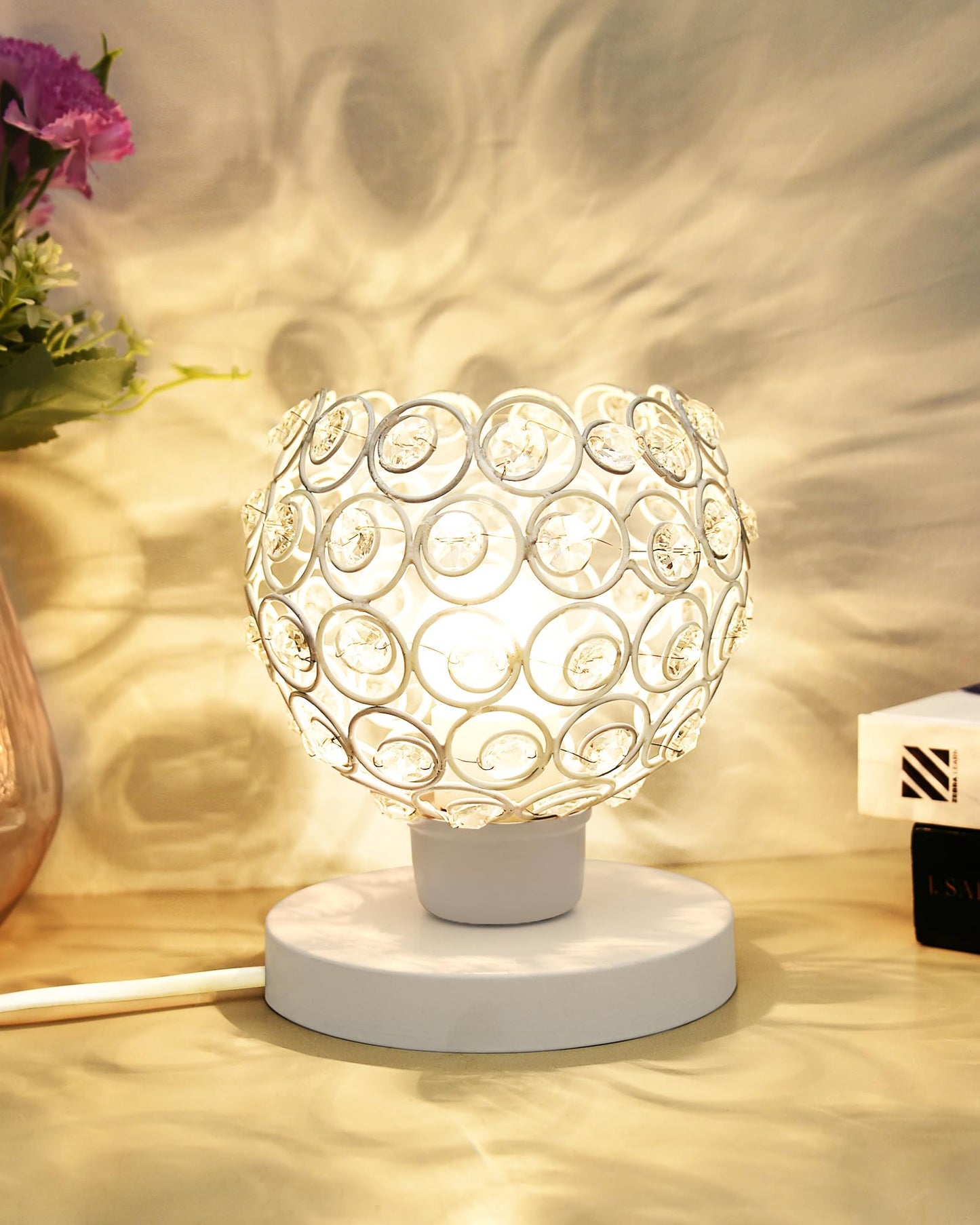 Semi Crystal Table Lamps Mood Lighting | Small Crystal Night Lamp Stylish Bedside Lamp Light | Unique Modern Decorative Desk Lamp for Bedroom Living Room, Pink