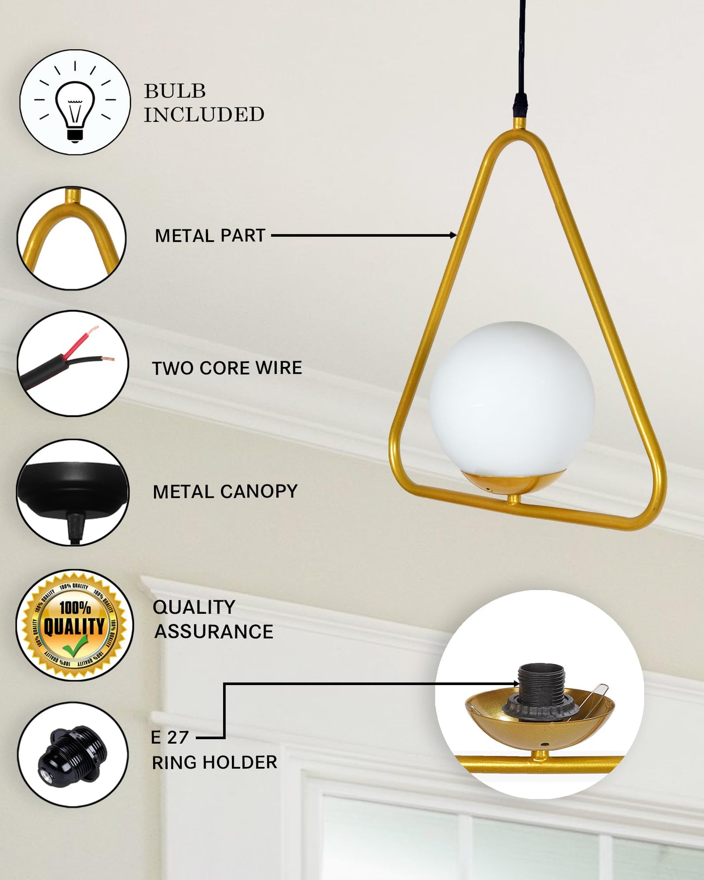 Mid Century Modern Light Chandelier Lighting, White Frosted Glass Globe Lampshade Pendant Indoor Hanging Light Fixture, Golden Triangle