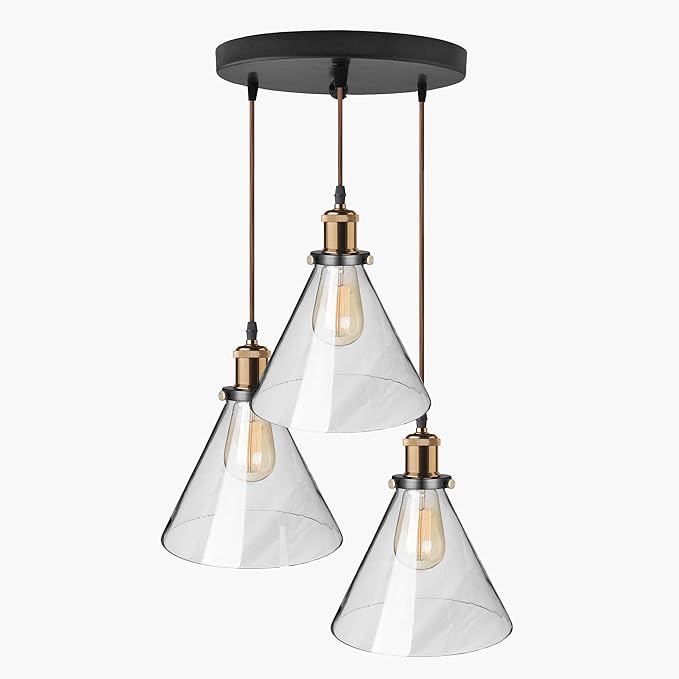 3-Lights Round Cluster Chandelier Modern Glass Cone Shaped Hanging Light, Antique Socket, E27 Holder, Decorative, Copper, URBAN Retro, Nordic Style