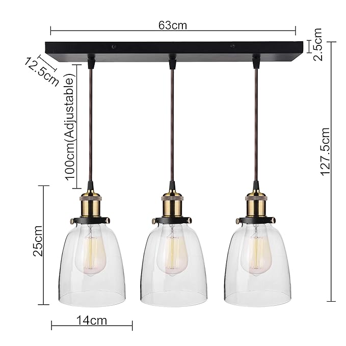 3-Lights Linear Cluster Chandelier Modern Bell Glass Shade Hanging Light, Antique Socket, E27 Holder, Decorative, Black, URBAN Retro, Nordic Style