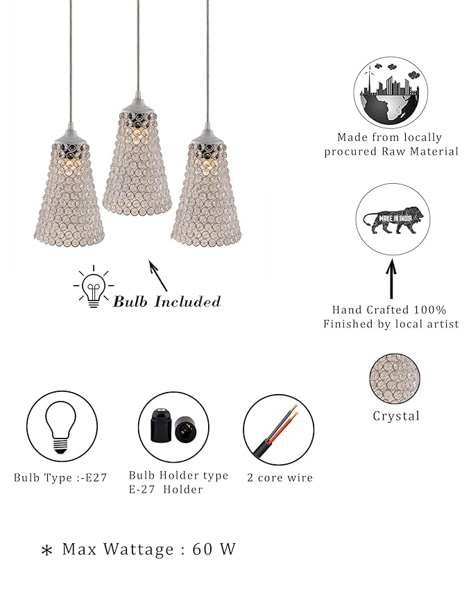 3-lights Linear Cluster Chandelier Crystal Cone Hanging Pendant Light with Braided Cord