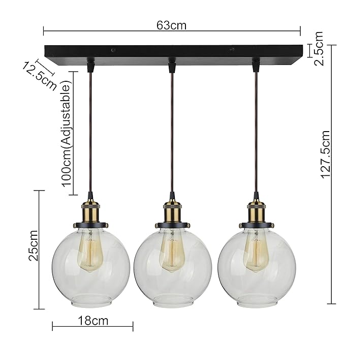 3-Lights Linear Cluster Chandelier Modern Glass Globe Hanging Light, Antique Socket, E27 Holder, Kitchen Island Ceiling Light URBAN Retro