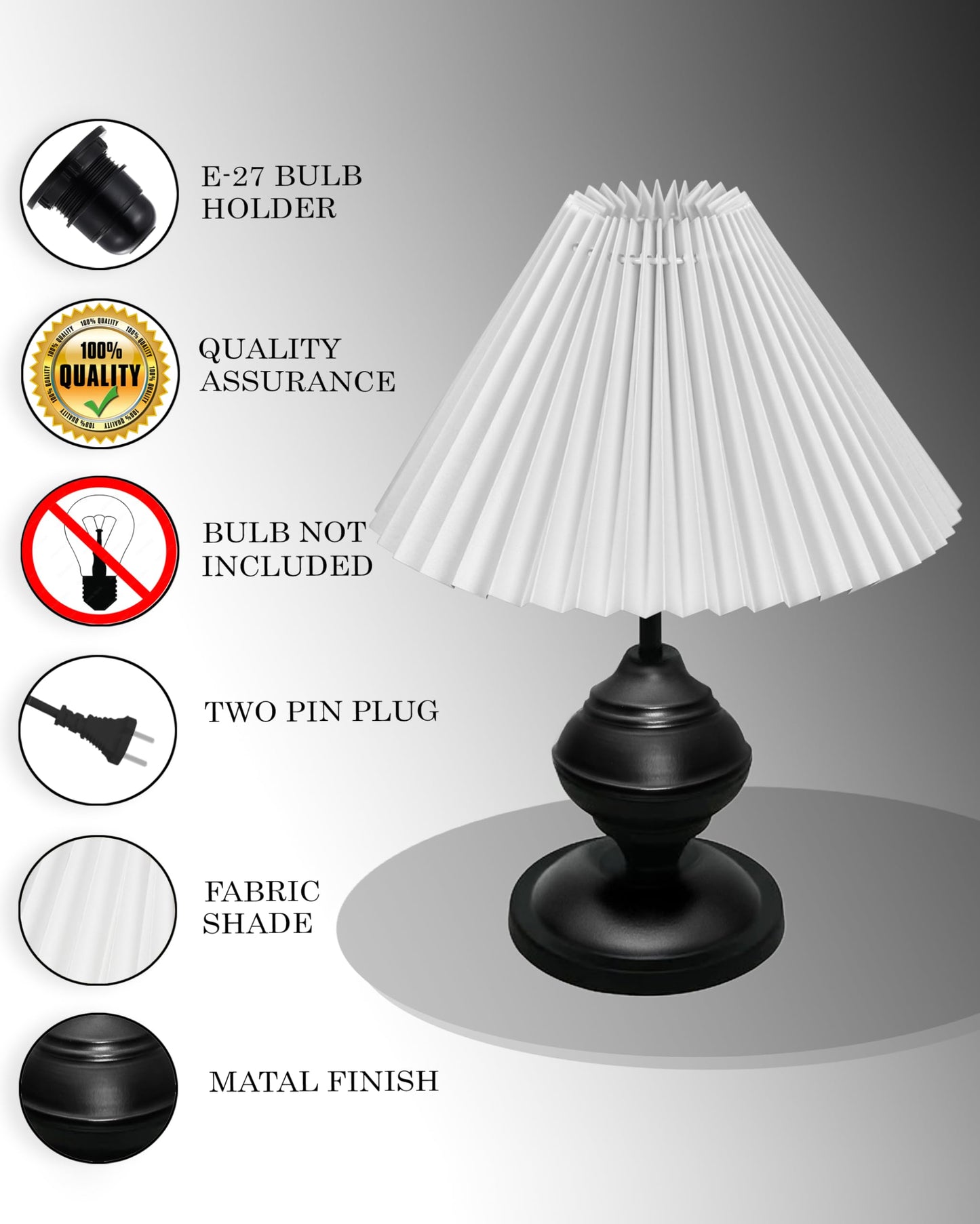 Bedside Black Metal Table Lamp with Fabric Shade, E27 holder, Urn, Pleated Jute Shade
