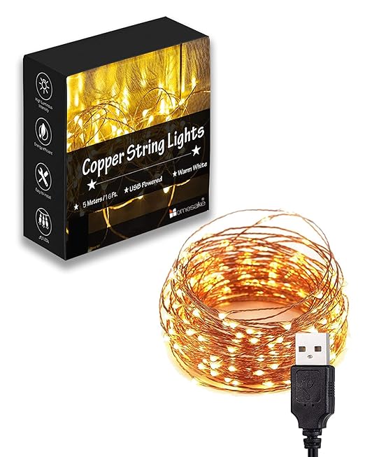 50-LED Fairy Copper String Lights 5m Waterproof, USB, Warm White