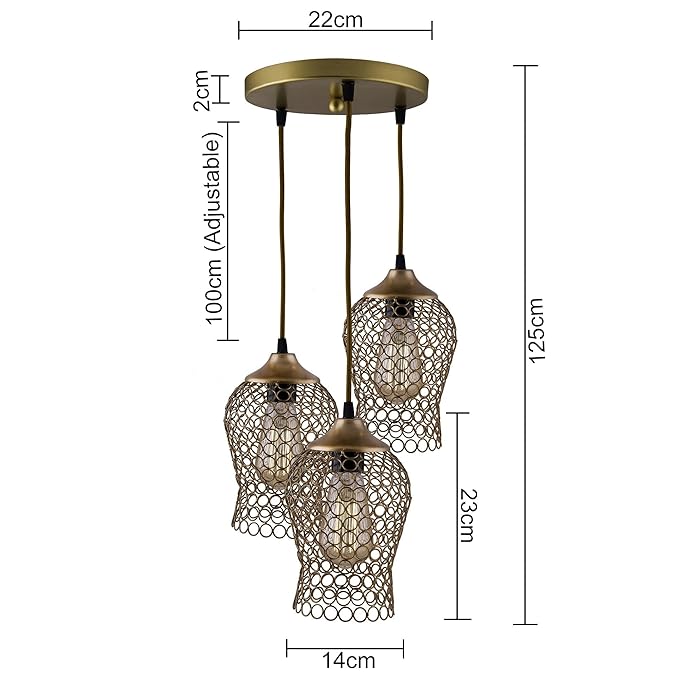 3-lights Round Cluster Chandelier Black Chimney Hanging Pendant Light with Braided Cord