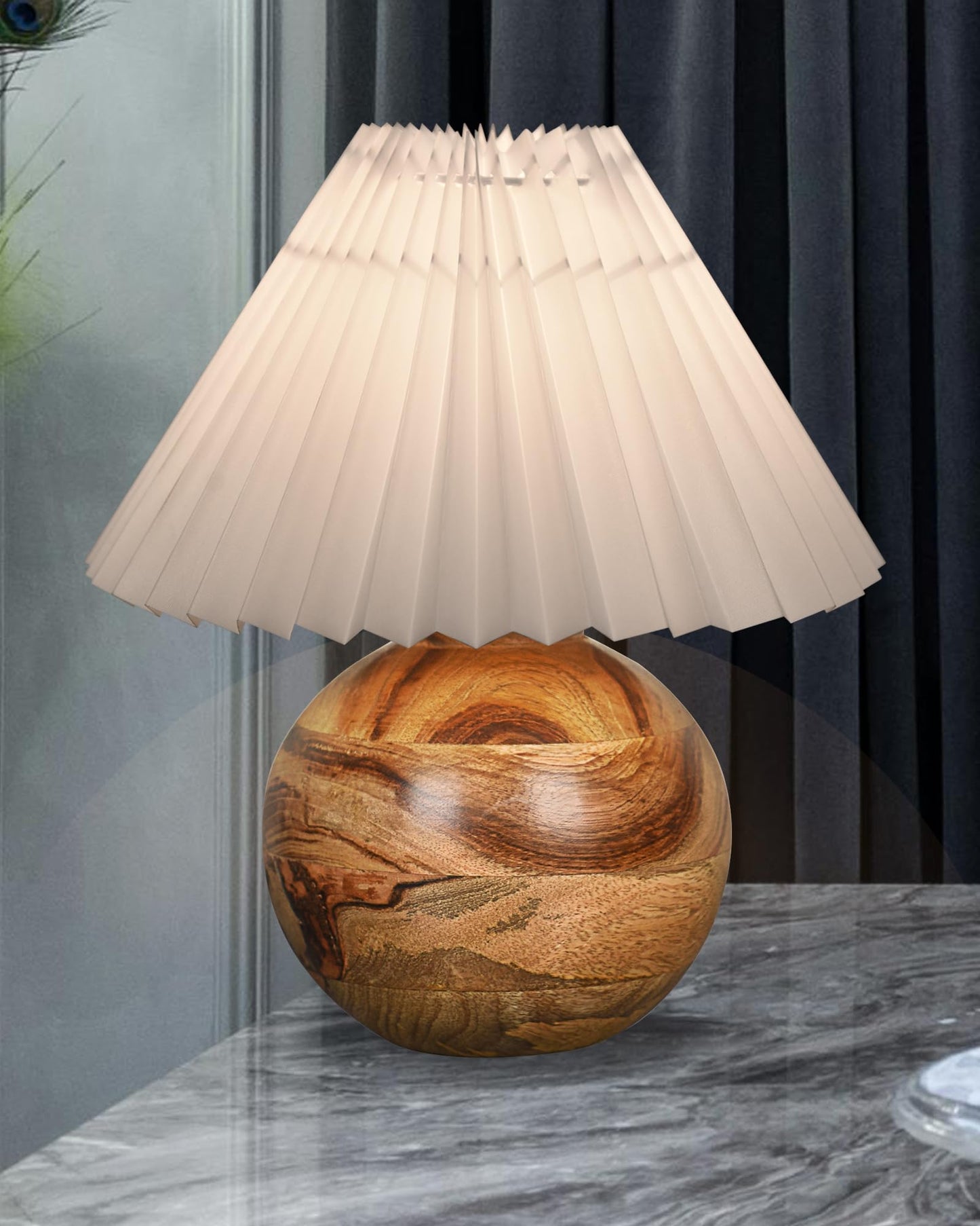 Round Wood Rustic Table Lamp for Bedroom, Living Room, Dining Room, Accent Table, Coffee Table, Nordic Fabric Shade, Pleated Jute