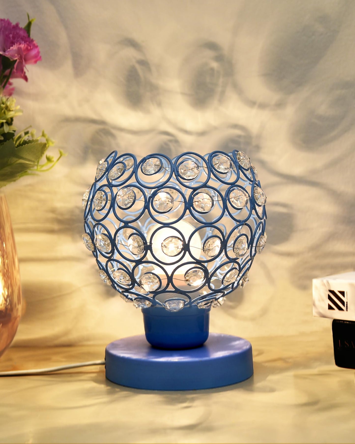 Semi Crystal Table Lamps Mood Lighting | Small Crystal Night Lamp Stylish Bedside Lamp Light | Unique Modern Decorative Desk Lamp for Bedroom Living Room, Pink