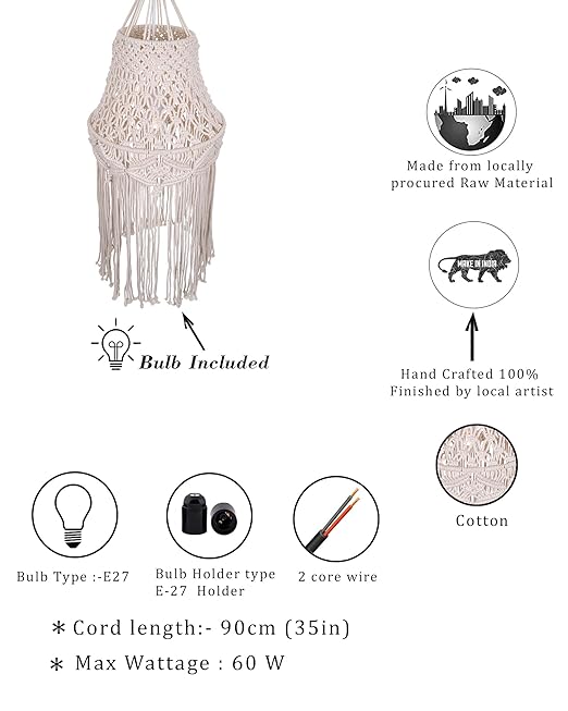 Macrame Lamp Shade Boho Hanging Pendant Light Cover,Handmade Woven Bohemian Decoration Chandelier Shade for Modern Office Bedroom Living Room Nursery Dorm, E27