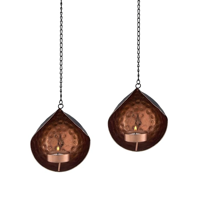 Metal tea-light drop hanging candle holder, set of 2