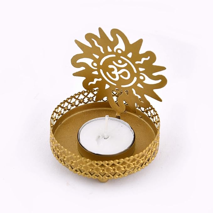Set of 3 Shadow Ganesh Sathiya Om Metal Tea Light Holder, Brass finish Pooja Diwali Candle Holder with Free Wax diya