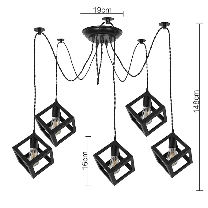 Spider Chandelier Cube Lamp, Vintage Edison Style E 27 Adjustable DIY Ceiling Pendant Light, E27 Rustic Cluster Hanging Light(1.25 M, Black Twisted Wire)